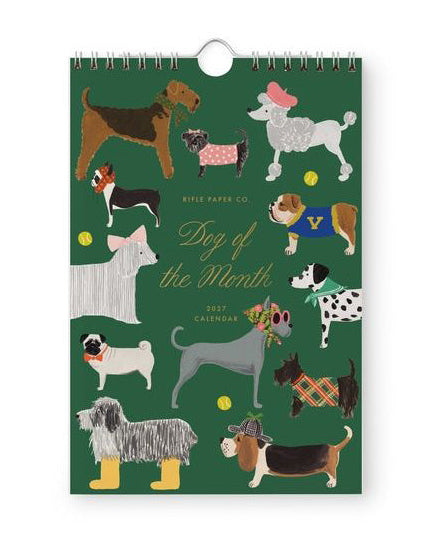 Calendar with illustrations of dogs on a green background