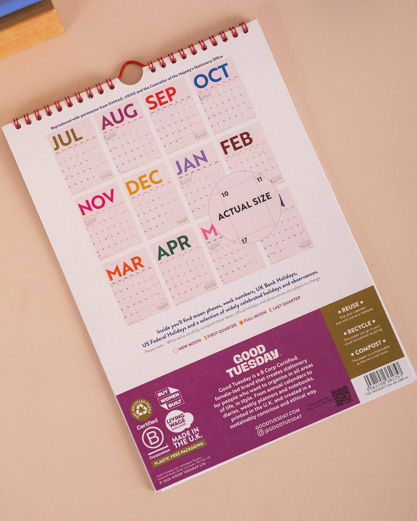 spiral bound mid-year calendar with a bold and colorful design