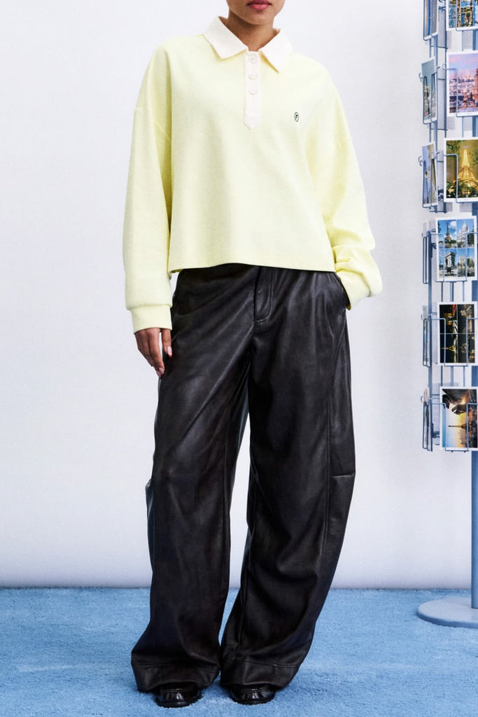 polo-style long sleeve top in pale butter yellow