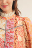 lightweight blouse with a colorful mixed print design in shades of orange, red, pink, and yellow