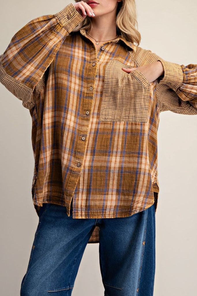 boxy button down top with a mixed brown plaid design