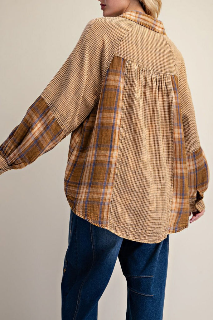 boxy button down top with a mixed brown plaid design