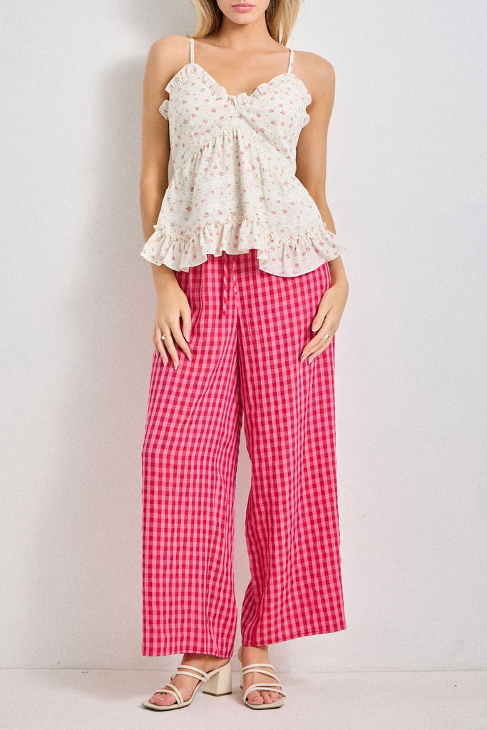 comfortable pull-on pants in fuchsia and pink gingham