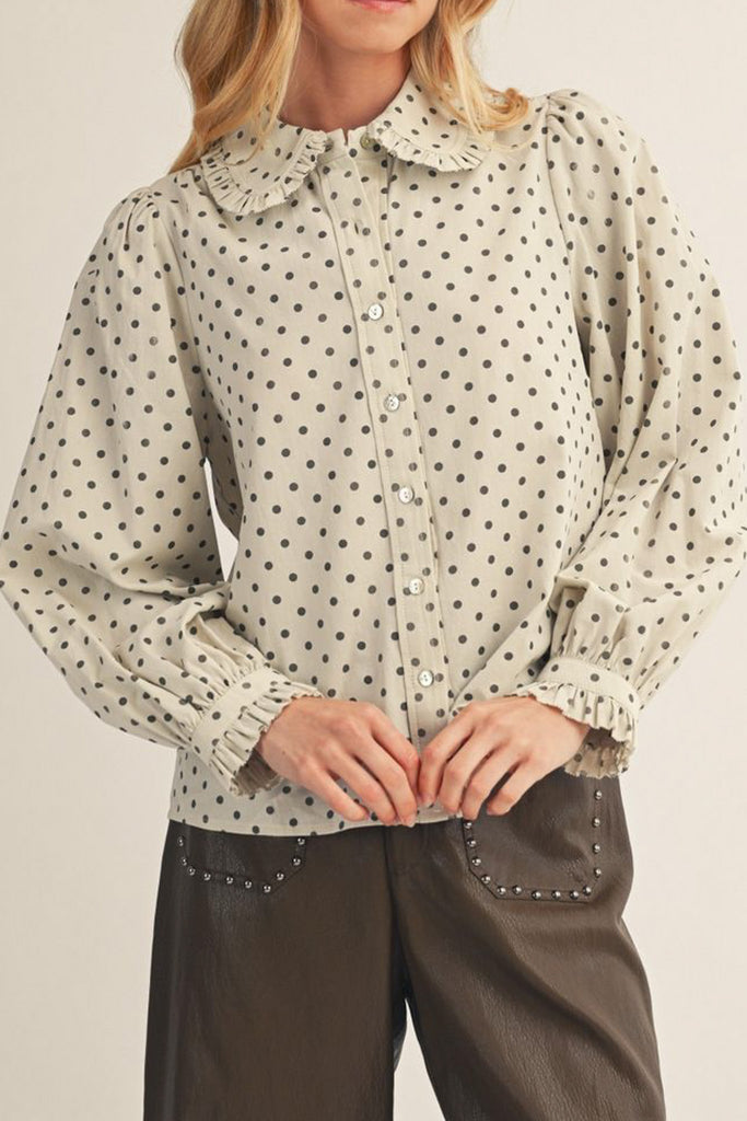 lightweight button down top in ivory with black polka dots throughout