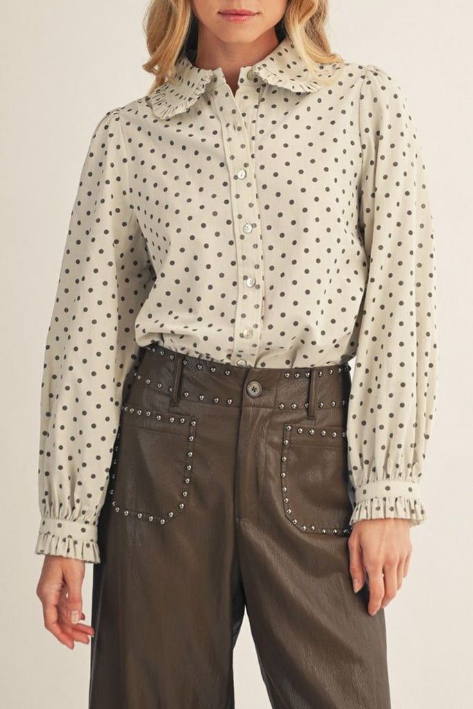 lightweight button down top in ivory with black polka dots throughout