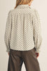 lightweight button down top in ivory with black polka dots throughout
