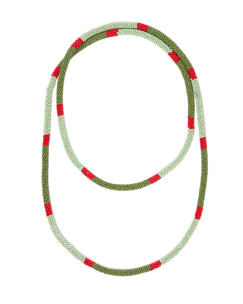 Allie Long Seed Bead Necklace  in olive, mint, and red 