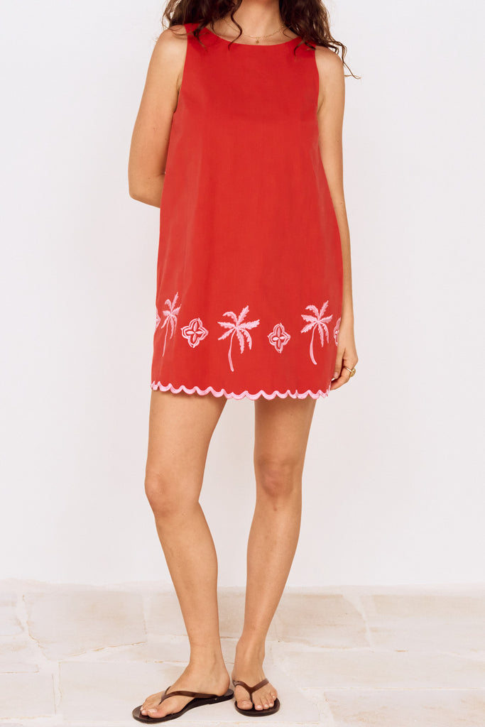 red mini dress with tropical embroidered details in pink from minkpink