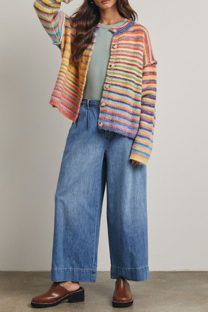 striped cardigan with a colorful rainbow design
