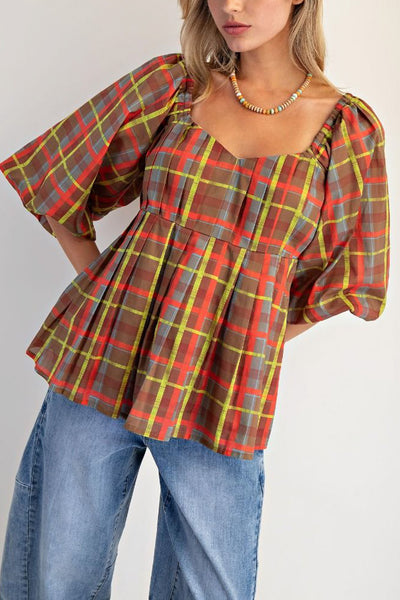 babydoll style top in a colorful plaid pattern