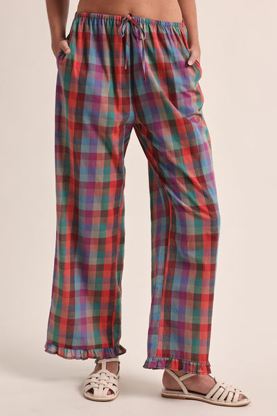 lightweight pull-on pants in a colorful plaid pattern