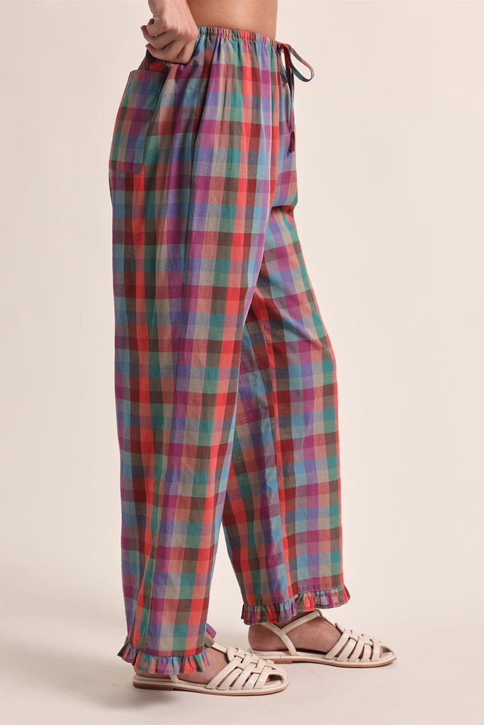 lightweight pull-on pants in a colorful plaid pattern