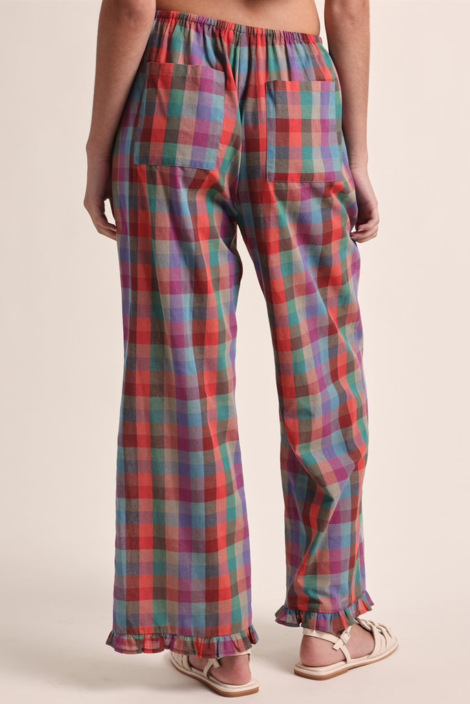 lightweight pull-on pants in a colorful plaid pattern