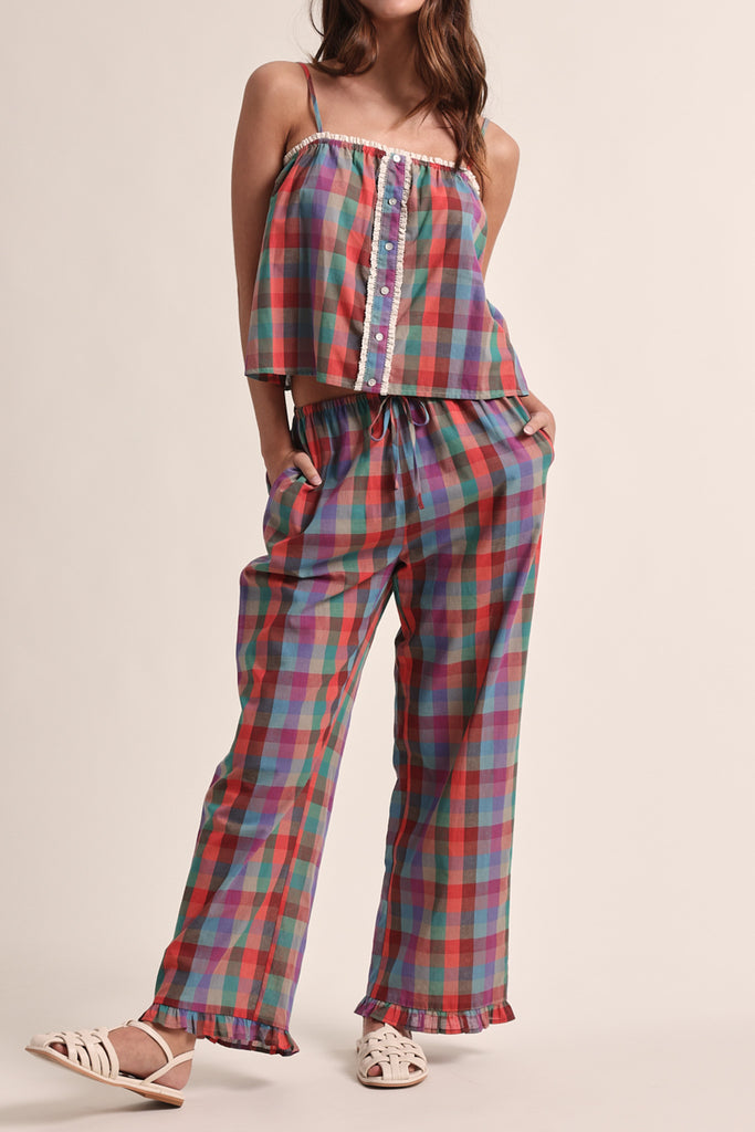 lightweight pull-on pants in a colorful plaid pattern