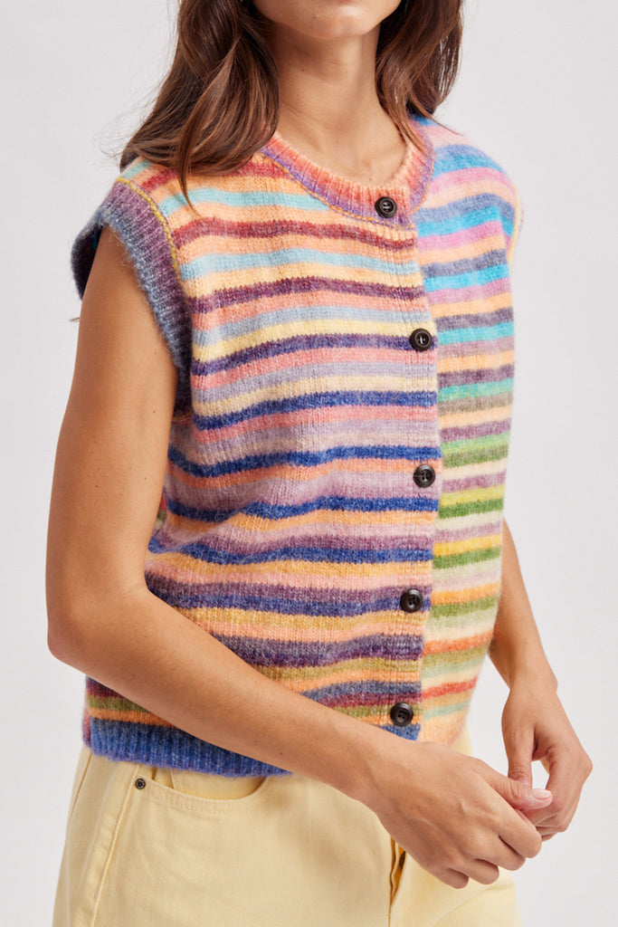 soft knit sweater vest with a colorful mixed stripe design