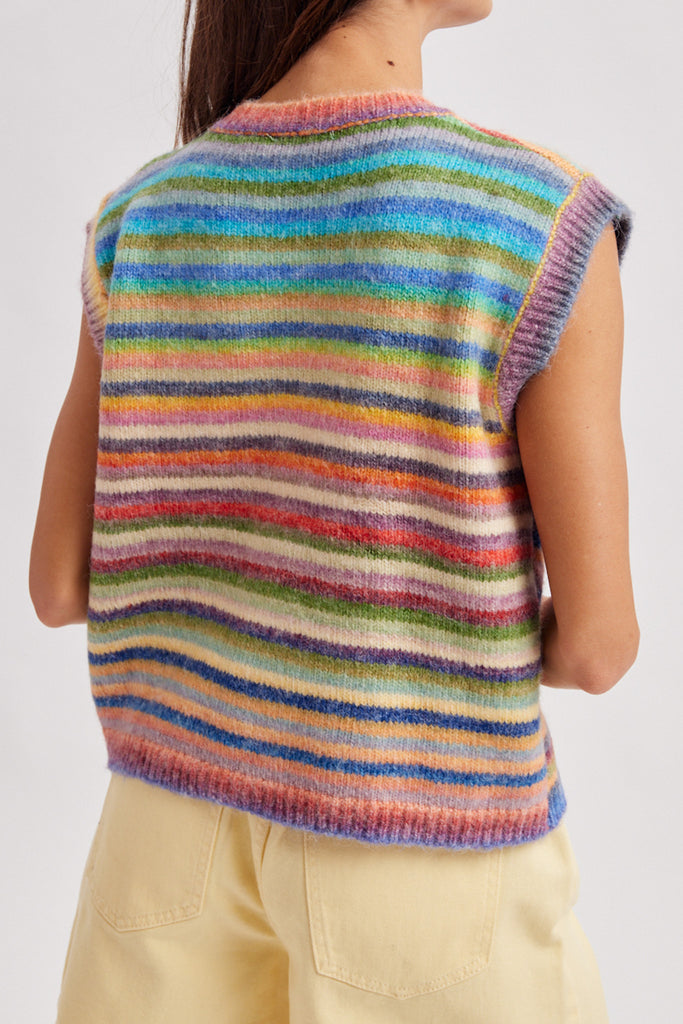 soft knit sweater vest with a colorful mixed stripe design