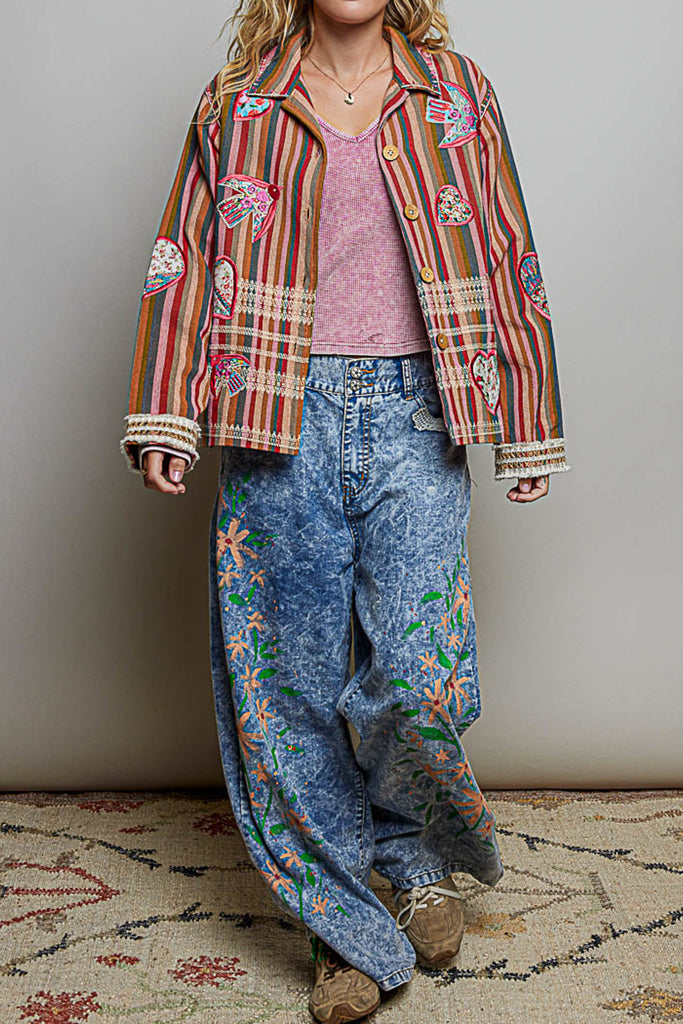 boho striped jacket with special floral patchwork details throughout