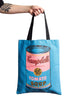 tote bag featuring iconic soup can artwork by andy warhol 