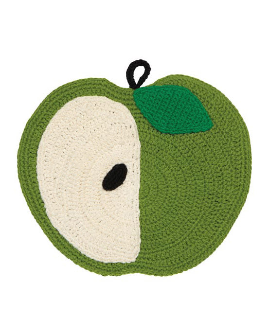 crocheted trivet in the shape of a green apple