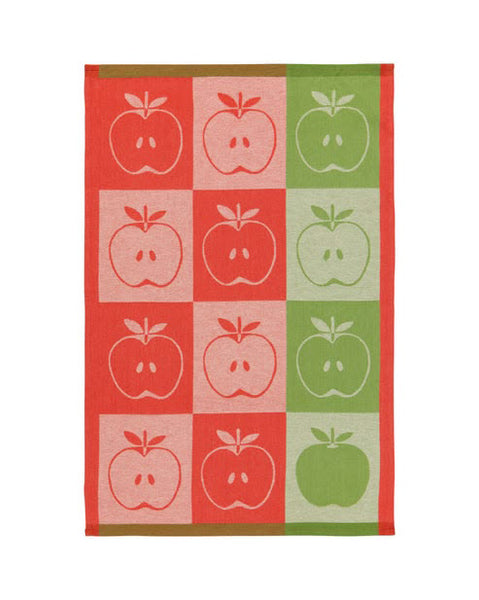 woven jacquard kitchen towel with a checkerboard apple design 