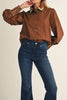 chocolate brown button down top with embroidered details on collar and wrist cuffs