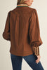 chocolate brown button down top with embroidered details on collar and wrist cuffs