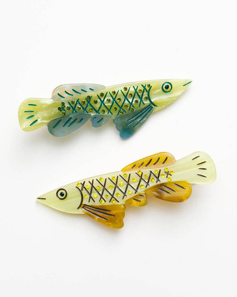 beautifully made hair clips in the shape of shimmering arowana fish