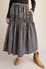 black and white plaid maxi skirt with smocked details and white lace trim. 