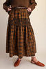 brown and black plaid maxi skirt with smocked details and lace trim