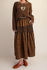 brown and black plaid maxi skirt with smocked details and lace trim