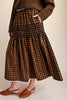 brown and black plaid maxi skirt with smocked details and lace trim