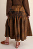 brown and black plaid maxi skirt with smocked details and lace trim