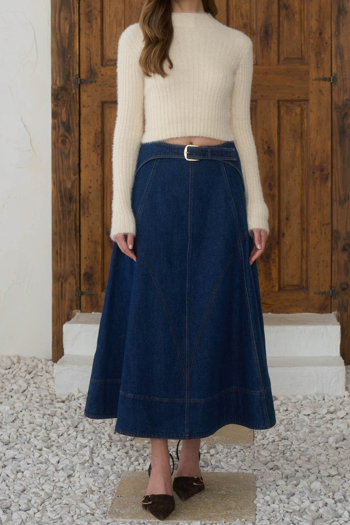 a-line midi skirt with belt in a dark blue denim wash