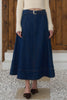 a-line midi skirt with belt in a dark blue denim wash