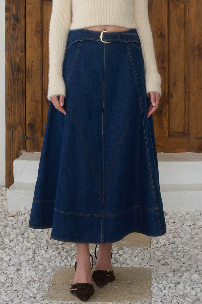 a-line midi skirt with belt in a dark blue denim wash