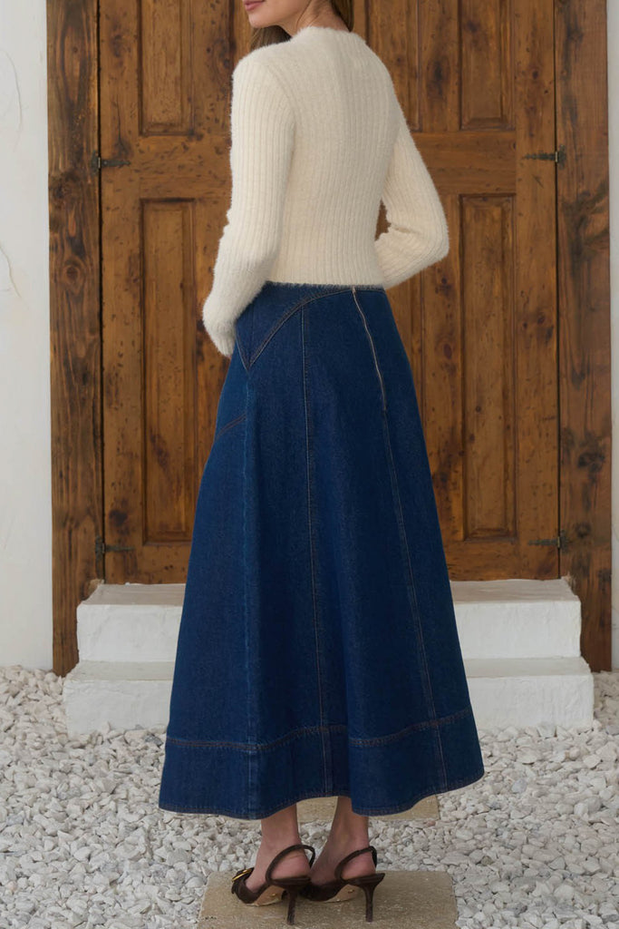 a-line midi skirt with belt in a dark blue denim wash