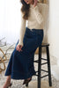 a-line midi skirt with belt in a dark blue denim wash