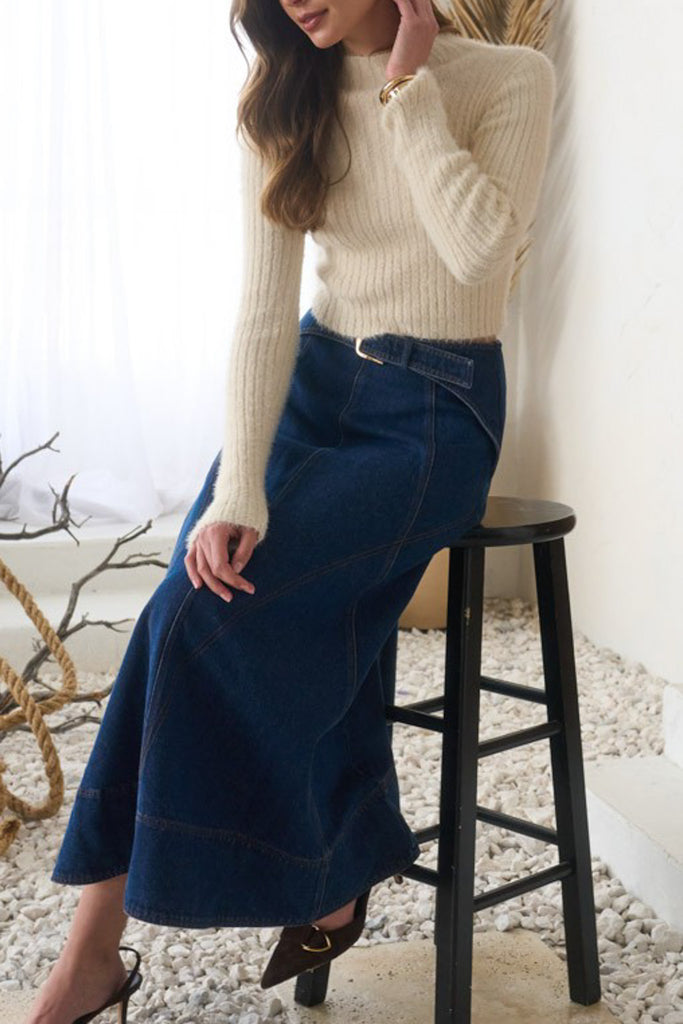 a-line midi skirt with belt in a dark blue denim wash