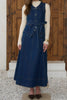 fitted vest with adjustable belt in a dark blue denim wash 