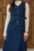 fitted vest with adjustable belt in a dark blue denim wash 