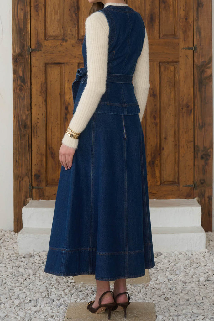 a-line midi skirt with belt in a dark blue denim wash
