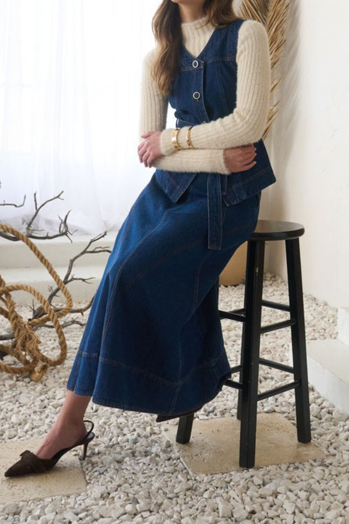 a-line midi skirt with belt in a dark blue denim wash