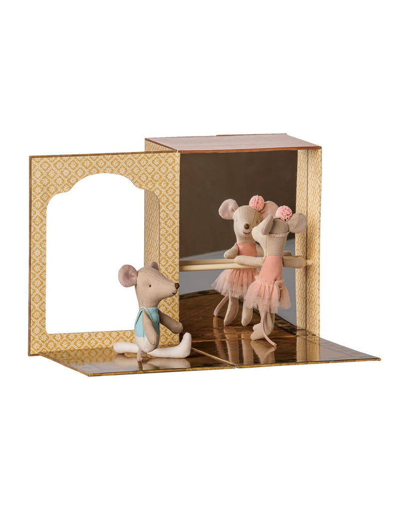 little brother and sister mice in their ballet dance studio