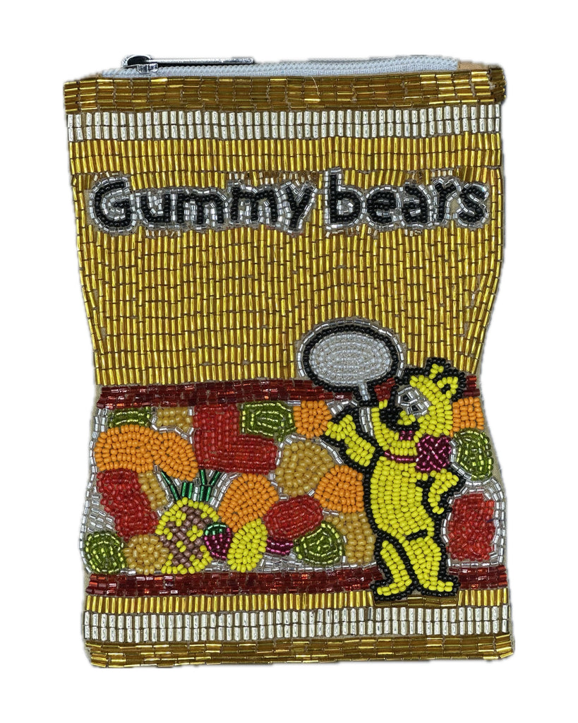 beaded coin pouch in the shape of a bag of gummy bears