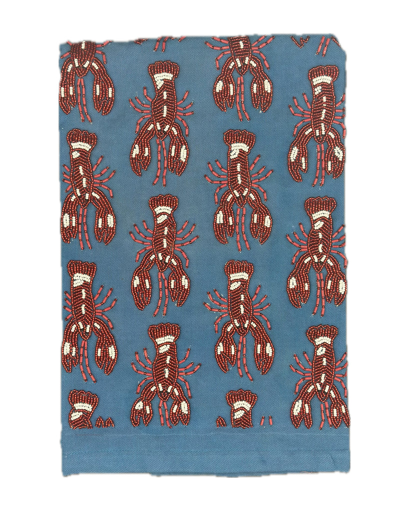 beaded towel with a red lobster design