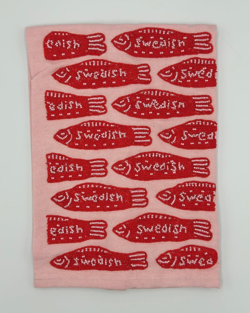 beaded towel with red swedish fish 