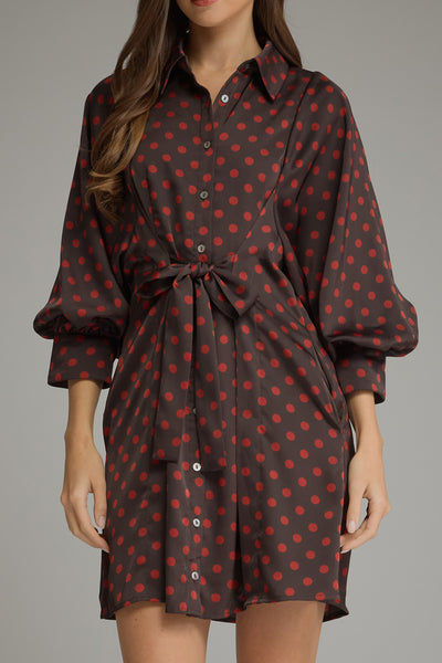 button front mini dress in chocolate brown with cute red polka dots