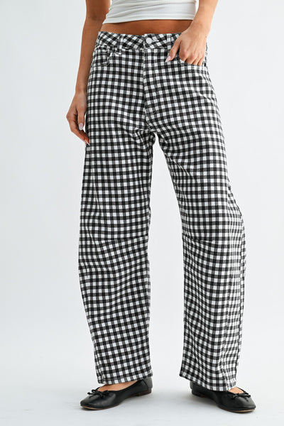 barrel leg jeans in a classic black and white gingham plaid.