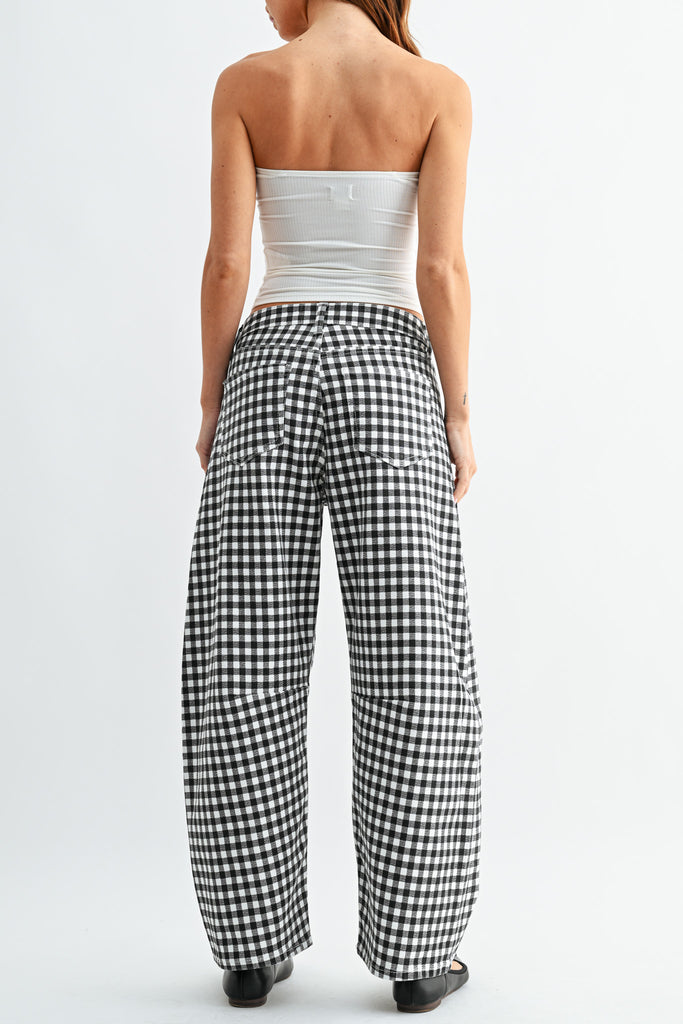 barrel leg jeans in a classic black and white gingham plaid.