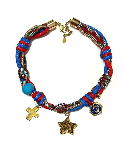 rope/cord necklace in red and blue with gold charms